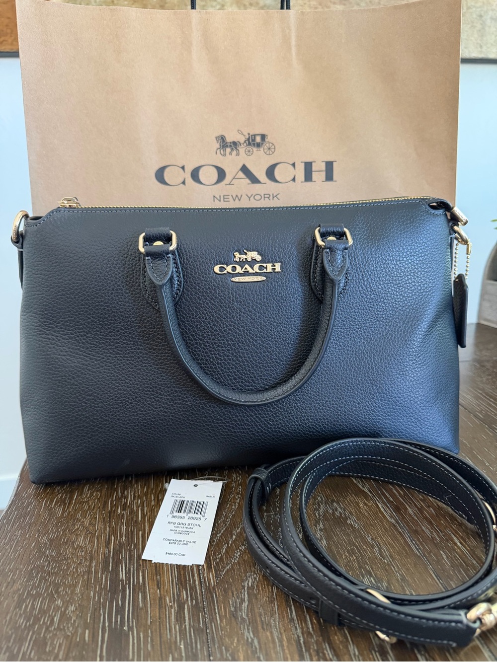 NWT Coach Georgia Black Pebbled Leather Satchel with Detachable Strap, Hang tag